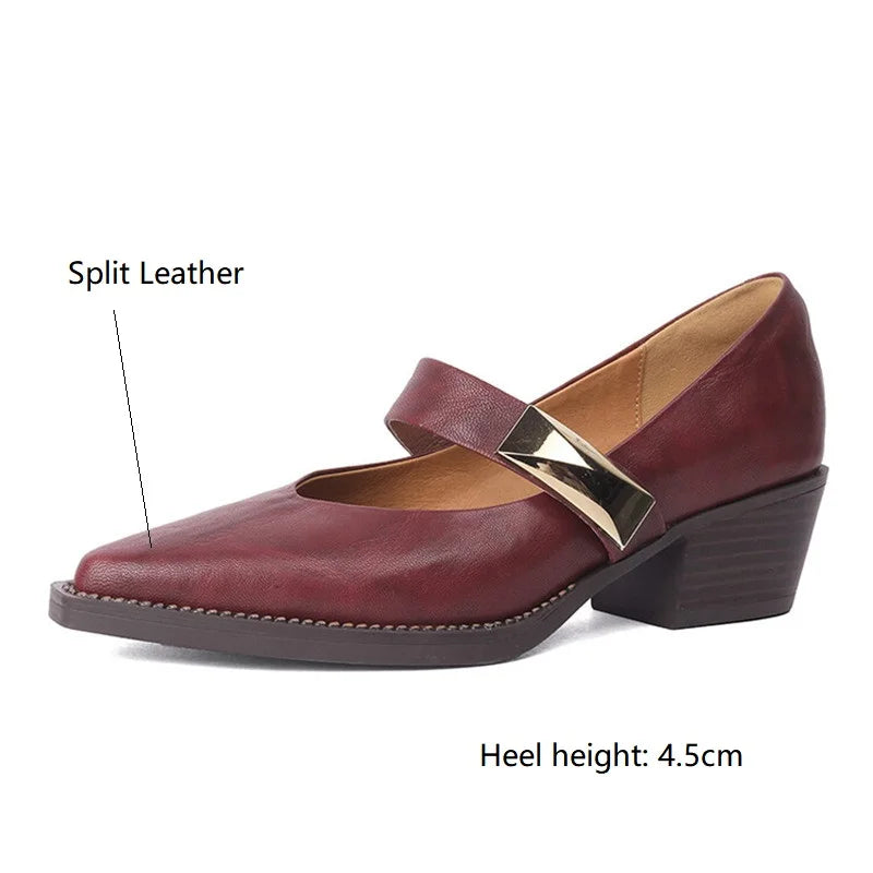 Lizakosht Spring/summer Split Leather Mary Jane Shoes Woman Chunky Heel Pointed Toe Shoes for Women Ladies Shoes Women Pumps Zaptos Mujer