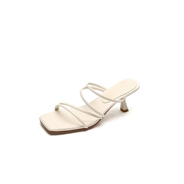 Lizakosht Summer Slippers Women Square Toe Sandals Concise Narrow Band Shoes Stiletto Heels Shoes for Women Handmade Slippers Women