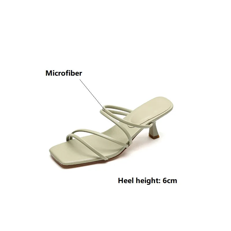 Lizakosht Summer Slippers Women Square Toe Sandals Concise Narrow Band Shoes Stiletto Heels Shoes for Women Handmade Slippers Women