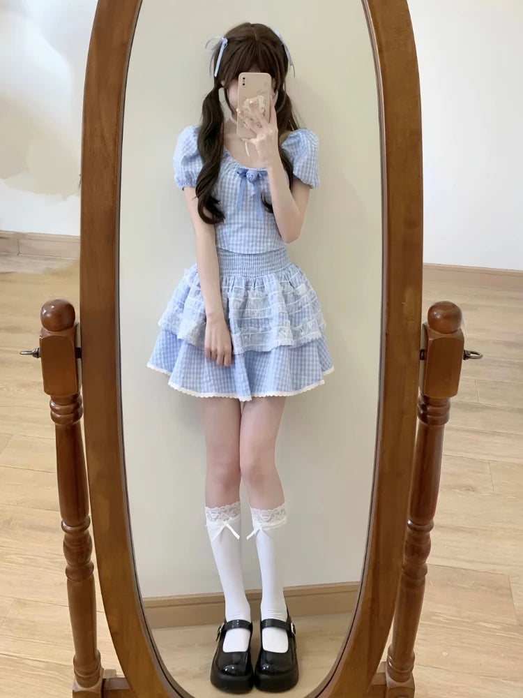 Lizakosht Sweet Plaid Fairy 2 Piece Dress Set Women Short Sleeve Y2k Crop Tops + Elegant Mini Skrits Summer Korean Fashion Suits Chic