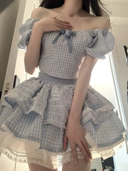Lizakosht Sweet Plaid Fairy 2 Piece Dress Set Women Short Sleeve Y2k Crop Tops + Elegant Mini Skrits Summer Korean Fashion Suits Chic