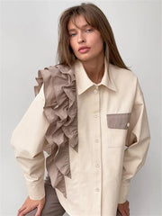 Lizakosht -  Ruffled Patchwork Fashion Shirts For Women Pocket Lapel Casual Long Sleeve Cardigan Elegant Contrast Female Blouse Y2k Top