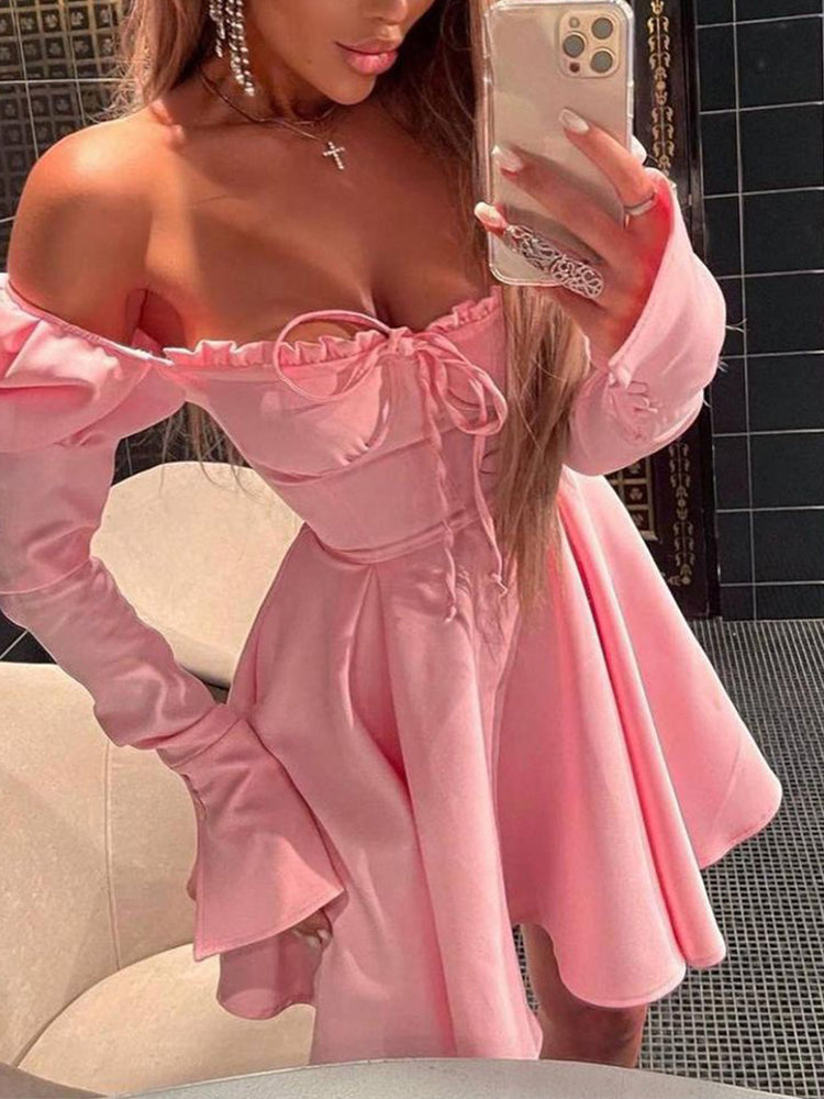 WannThis 2022 New Women's Dress With Corset Partywear Lace-up Off Shoulder Floral Ruched Long Sleeve Elegant Spring Summer Dress