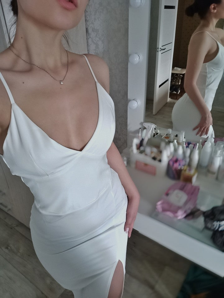 Lizakosht Sexy Backless White Party Dress For Women Spaghetti Strap High Split Slim Sheath 2021 New Spring