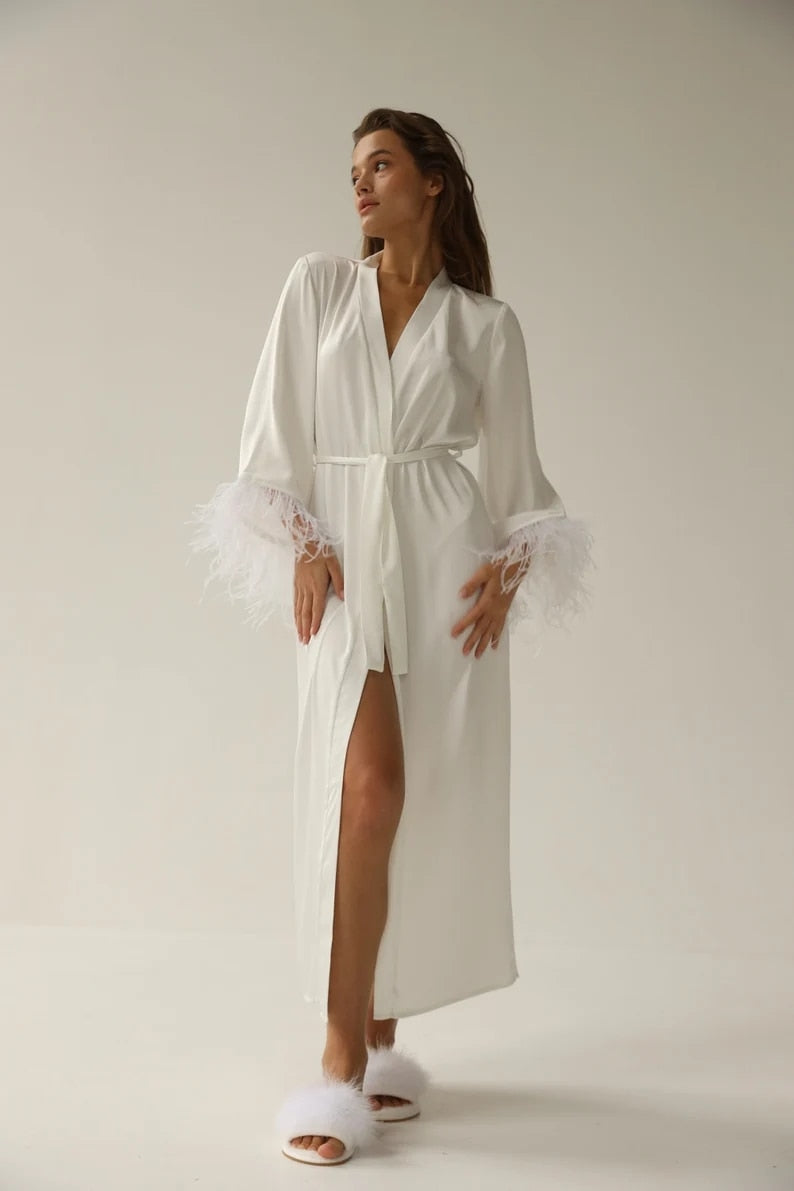 Lizakosht Bride Robe With Feather Sleeves White Boudoir Robe Long Gown Silk Bridal Wedding Dressing Gown Women Sheer Robes Bridesmaid Gift