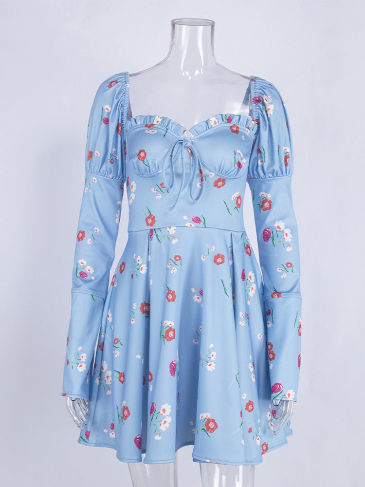 WannThis 2022 New Women's Dress With Corset Partywear Lace-up Off Shoulder Floral Ruched Long Sleeve Elegant Spring Summer Dress