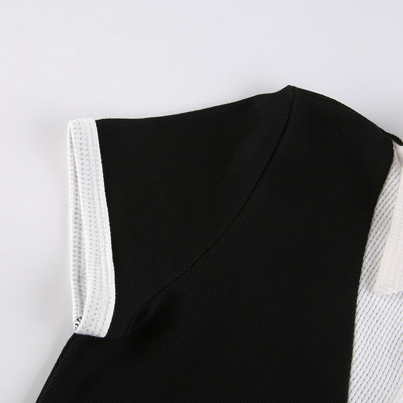 Lizakosht  Preppy Style Ppatchwork Split Dress Casual Turn-Down Collar Short Sleeve Mini Dresses For Women 2022 Spring Summer Girls
