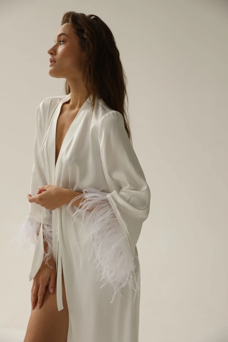 Lizakosht Bride Robe With Feather Sleeves White Boudoir Robe Long Gown Silk Bridal Wedding Dressing Gown Women Sheer Robes Bridesmaid Gift