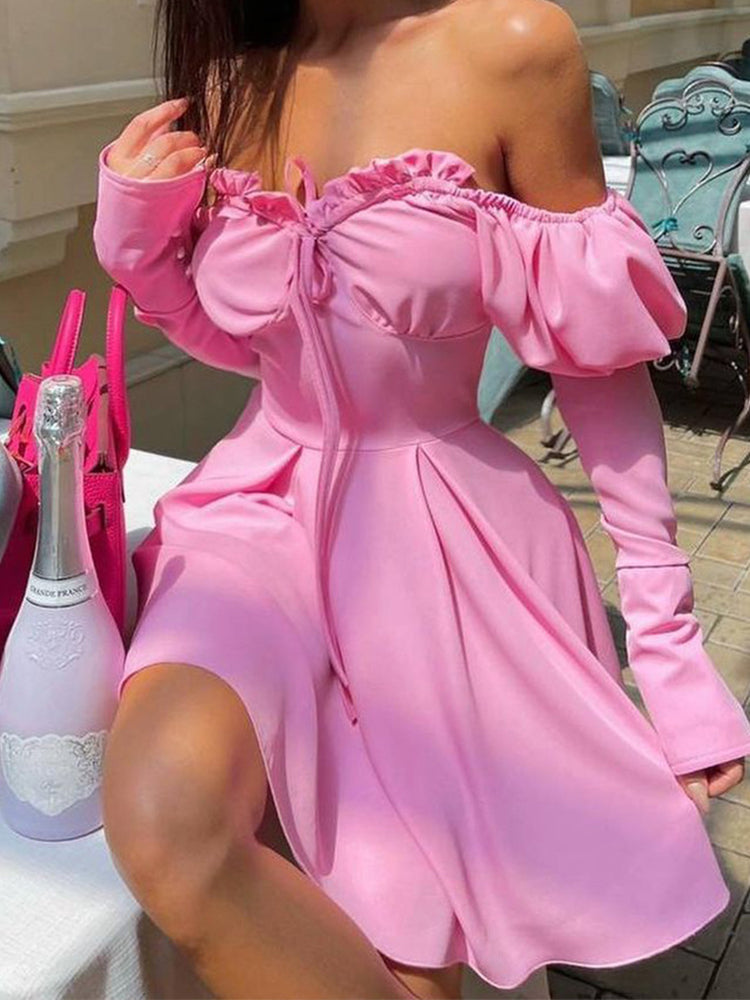 WannThis 2022 New Women's Dress With Corset Partywear Lace-up Off Shoulder Floral Ruched Long Sleeve Elegant Spring Summer Dress