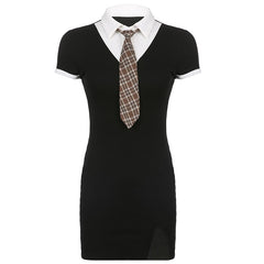 Lizakosht  Preppy Style Ppatchwork Split Dress Casual Turn-Down Collar Short Sleeve Mini Dresses For Women 2022 Spring Summer Girls