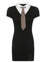 Lizakosht  Preppy Style Ppatchwork Split Dress Casual Turn-Down Collar Short Sleeve Mini Dresses For Women 2022 Spring Summer Girls