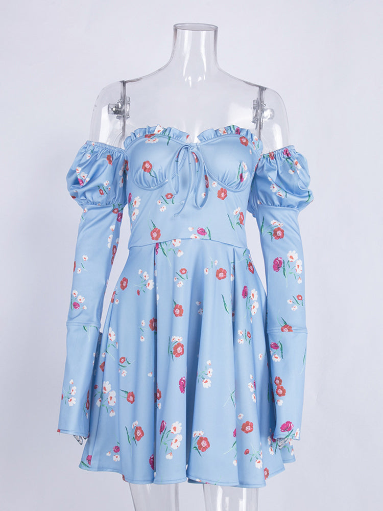 WannThis 2022 New Women's Dress With Corset Partywear Lace-up Off Shoulder Floral Ruched Long Sleeve Elegant Spring Summer Dress
