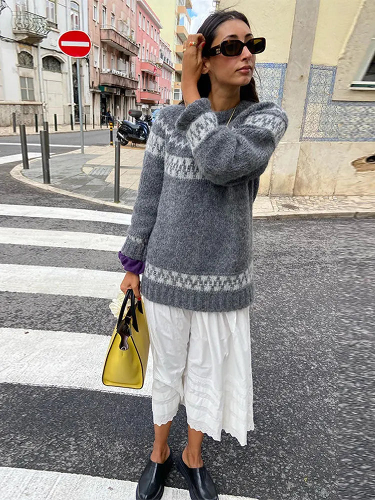 Lizakosht Vintage Autumn Women's Print Oversized Knit Jumper Long Sleeve O-neck Loose Party Pullover Sweater Chic Female Casual Knitwears