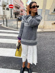 Lizakosht Vintage Autumn Women's Print Oversized Knit Jumper Long Sleeve O-neck Loose Party Pullover Sweater Chic Female Casual Knitwears