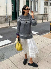 Lizakosht Vintage Autumn Women's Print Oversized Knit Jumper Long Sleeve O-neck Loose Party Pullover Sweater Chic Female Casual Knitwears