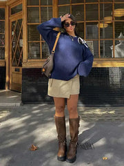 Lizakosht Vintage Blue Women Ribbed Loose Knit Jumper Pullover Long Sleeve Oversized O-neck Autumn Sweater Chic Casual Lady Knitwear Tops
