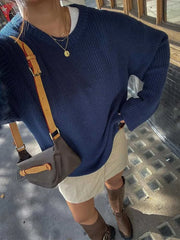 Lizakosht Vintage Blue Women Ribbed Loose Knit Jumper Pullover Long Sleeve Oversized O-neck Autumn Sweater Chic Casual Lady Knitwear Tops