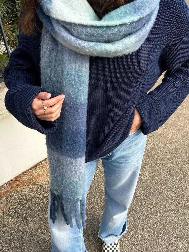 Lizakosht Vintage Blue Women Ribbed Loose Knit Jumper Pullover Long Sleeve Oversized O-neck Autumn Sweater Chic Casual Lady Knitwear Tops