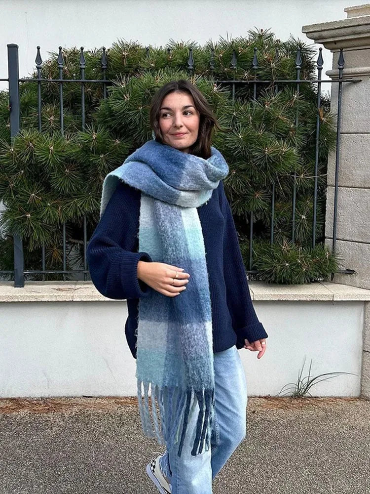 Lizakosht Vintage Blue Women Ribbed Loose Knit Jumper Pullover Long Sleeve Oversized O-neck Autumn Sweater Chic Casual Lady Knitwear Tops