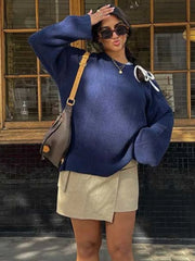 Lizakosht Vintage Blue Women Ribbed Loose Knit Jumper Pullover Long Sleeve Oversized O-neck Autumn Sweater Chic Casual Lady Knitwear Tops