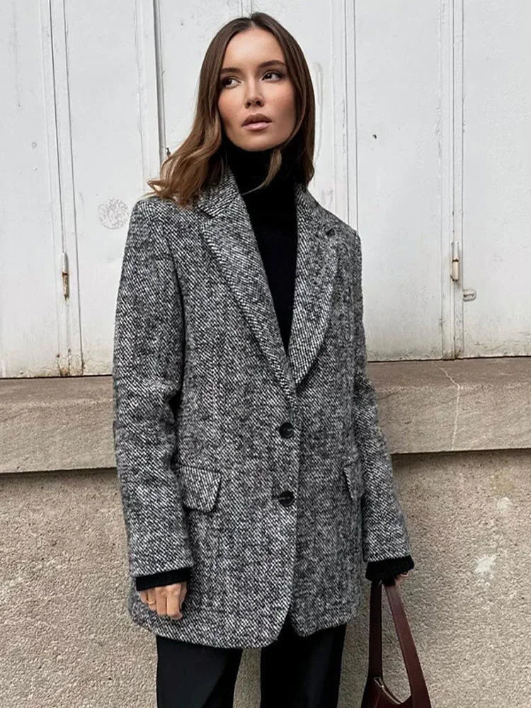 Lizakosht Vintage Elegant Woolen Lapel Blazer Coat Female Chic Double Button Long Sleeve Jacket Fashion Women Commuting Street Overcoats