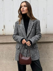 Lizakosht Vintage Elegant Woolen Lapel Blazer Coat Female Chic Double Button Long Sleeve Jacket Fashion Women Commuting Street Overcoats