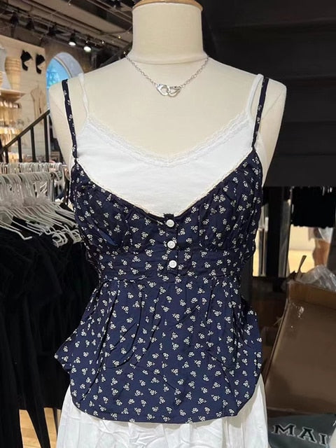 Lizakosht - Vintage Floral Print Button Tank Tops Women Sweet Lace Trim V Neck Cotton Sleeveless Camisoles Summer Cute High Waist Slim Vests