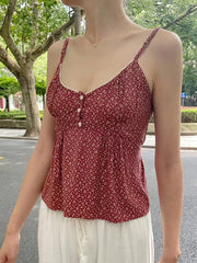 Lizakosht - Vintage Floral Print Button Tank Tops Women Sweet Lace Trim V Neck Cotton Sleeveless Camisoles Summer Cute High Waist Slim Vests