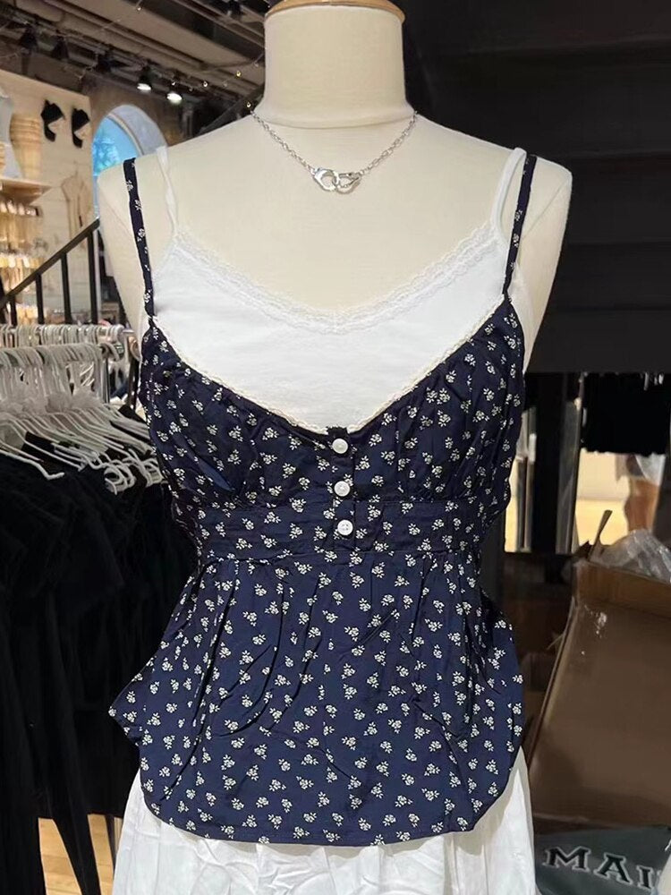 Lizakosht - Vintage Floral Print Button Tank Tops Women Sweet Lace Trim V Neck Cotton Sleeveless Camisoles Summer Cute High Waist Slim Vests