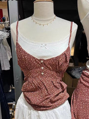 Lizakosht - Vintage Floral Print Button Tank Tops Women Sweet Lace Trim V Neck Cotton Sleeveless Camisoles Summer Cute High Waist Slim Vests