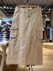 Lizakosht Vintage Khaki Casual Cargo Skirts Chic Solid Side Pockets Sexy Low Waist Long Skirt Women Summer Streetwear Y2k Clothes