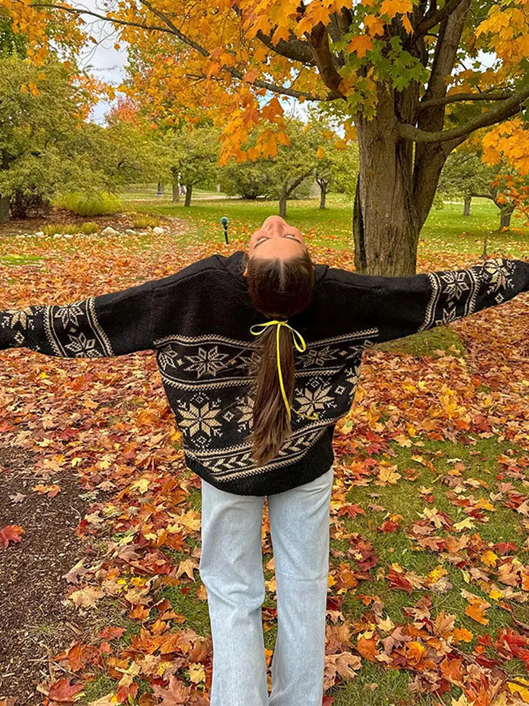 Lizakosht Vintage Leaf Print Knit Zipper Collar Women Jumper Long Sleeve Loose Oversized Autumn Sweater Female Winter Chic Casual Knitwear