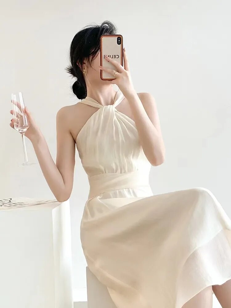 Woman Beach Vacation Dress Sleeveless Sexy Halter Solid Korean Fashion Summer New Elegant Midi Sexy Club Dresses French Backless