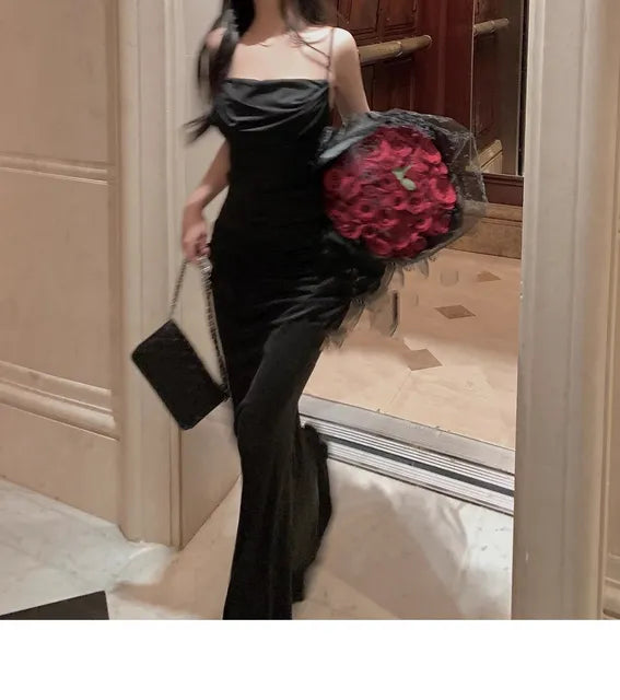 Lizakosht Women Elegant Sexy Bodycon Mermaid Dress Summer New Fashion Strap Evening Party Runway Robe Korean Female Solid Long Vestidos