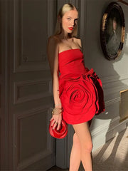 Lizakosht Women Fashion Red Flower Strapless Mini Dress Chic Backless Sleeveless Bodycon Elegant Dresses 2024 Lady Solid High Street Robe