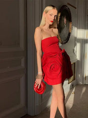 Lizakosht Women Fashion Red Flower Strapless Mini Dress Chic Backless Sleeveless Bodycon Elegant Dresses 2024 Lady Solid High Street Robe