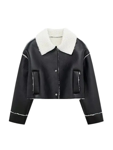 Lizakosht Women Fashion Solid Faux Leather Jacket Winter Lapel Wool Collar Single Breasted Pockets Coat Female Moto Casual Streetwear