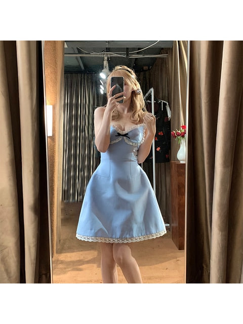 Lizakosht - Women Spaghetti Strap Dress Sleeveless Fashion Backless Vestidos Temperament Y2K Streetwear Solid Bow Lace-Up One-Piece Frocks