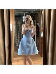 Lizakosht - Women Spaghetti Strap Dress Sleeveless Fashion Backless Vestidos Temperament Y2K Streetwear Solid Bow Lace-Up One-Piece Frocks