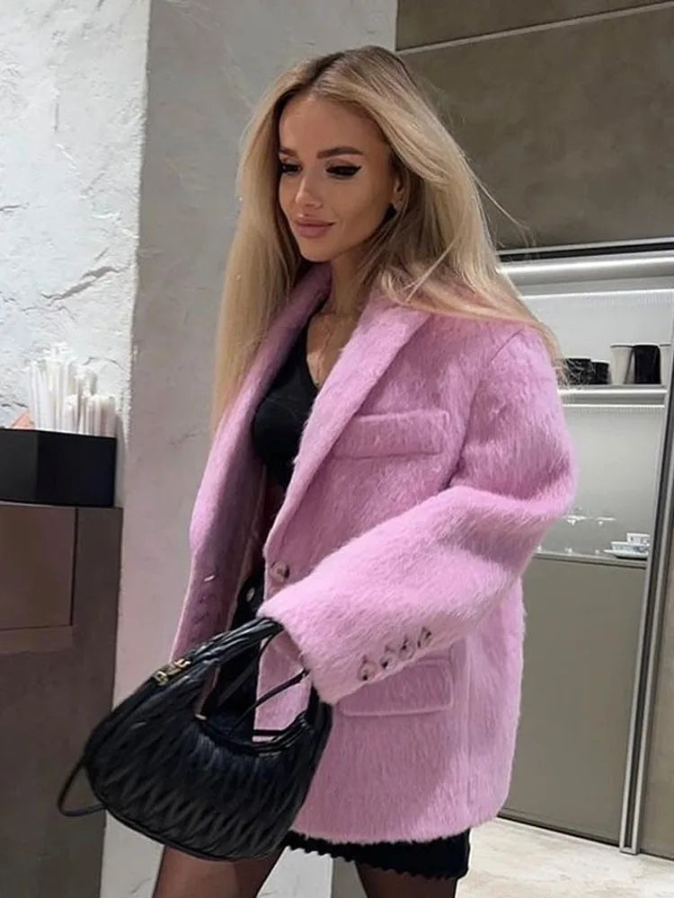 Lizakosht Women Sweety Pink Lapel Wool Jackets Long Sleeve Single Breasted Pockets Coat Autumn Female Office Commuter Outwear