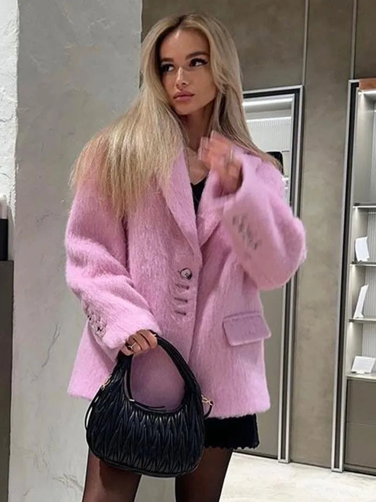 Lizakosht Women Sweety Pink Lapel Wool Jackets Long Sleeve Single Breasted Pockets Coat Autumn Female Office Commuter Outwear