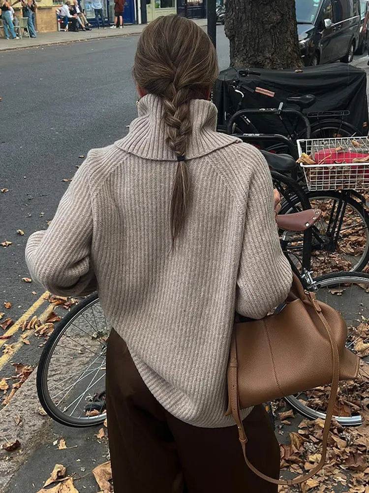Lizakosht Women Turn-down Collar Solid Wool Sweater Fashion Long Sleeve Turtleneck Lady Knitted Pullover Autumn Casual Commute Streetwear