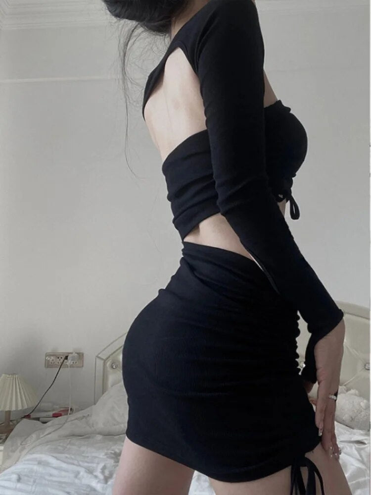 Lizakosht Y2K Aesthetic Three Pieces Set Hollow Out Summer Backless Crop Cardigan +drawstring Strapless+high Waist Sexy Mini Skirts