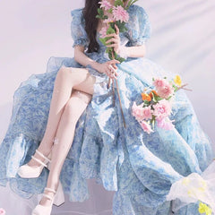 Lizakosht Party Dresses Summer Short Puff Sleeve Blue Print Chiffon Women Floor-Length Overlength Princess Long Dress Female