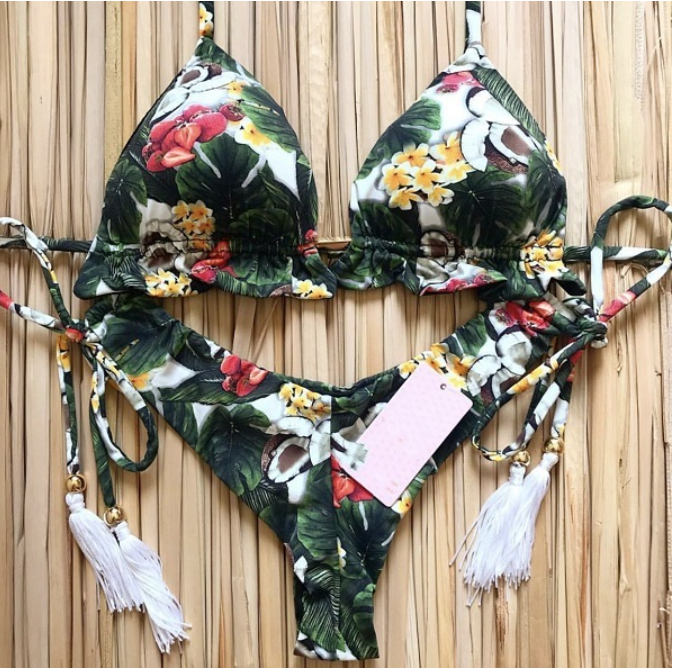 Sexy Floral Print Bikinis Striped Patchwork Swimsuit Women Bandage Bikini Set Swimwear Brazilian Beachwear New Bathing Suit