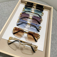 1pc Men's Trendy Square Rimless Sunglasses, Super Cool Gold Tiger Head Decoration Sunglasses Men's Driving Sunshade Anti-glare Glasses