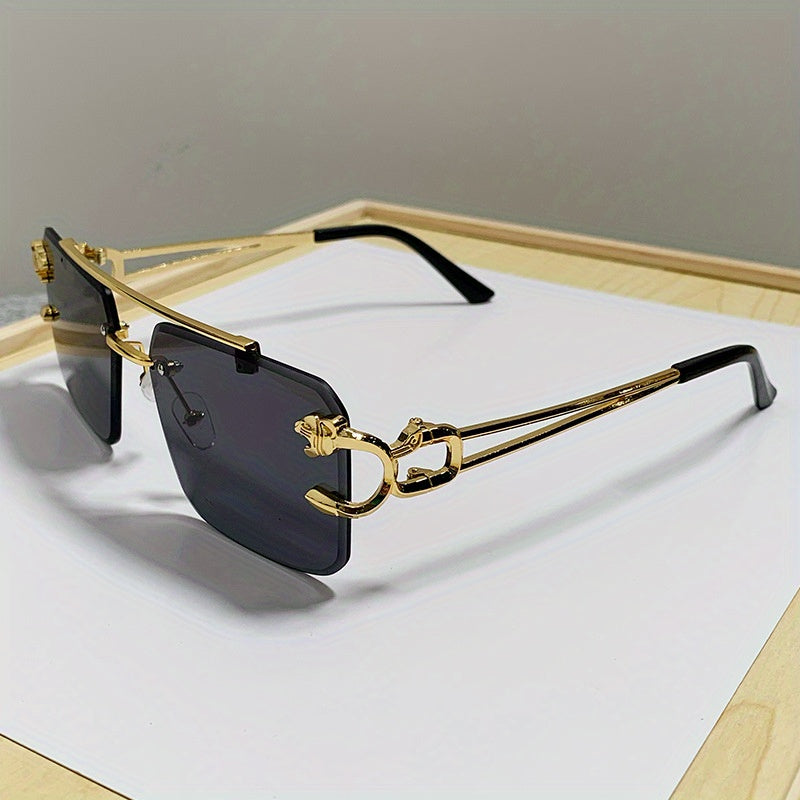 1pc Men's Trendy Square Rimless Sunglasses, Super Cool Gold Tiger Head Decoration Sunglasses Men's Driving Sunshade Anti-glare Glasses