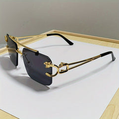 1pc Men's Trendy Square Rimless Sunglasses, Super Cool Gold Tiger Head Decoration Sunglasses Men's Driving Sunshade Anti-glare Glasses