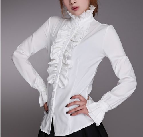 Fashion Victorian Blouses Women OL Office Ladies White Shirt High Neck Frilly Ruffle Cuffs Shirts Female Blouse