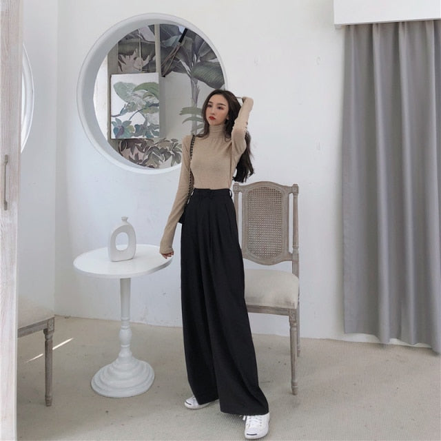 Mazefeng 2021 Spring Autumn Female Solid Wide Leg Pants Women Full Length Pants Ladies High Quality simple Casual Straight Pants